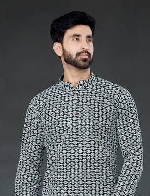 Black embroidered cotton_silk kurta-pajama 2