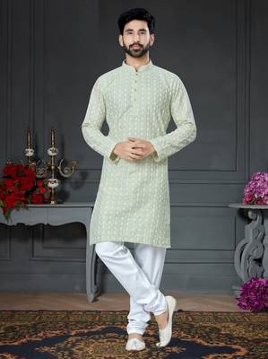 green embroidered cotton_silk kurta-pajama 1
