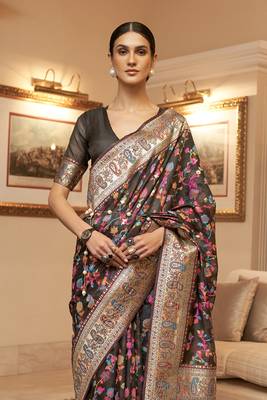Kashmiri Black Womens Silk Bland Saree With Blouse 3