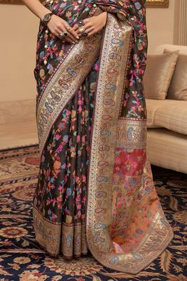 Kashmiri Black Womens Silk Bland Saree With Blouse 4