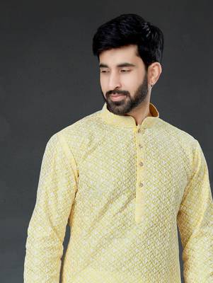 Yellow embroidered cotton_silk kurta-pajama 2