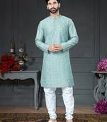 blue embroidered cotton_silk kurta-pajama