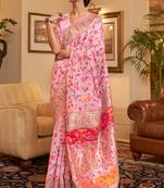 Kashmiri Pink Womens Handloom Cotton Banarasi Style Silk Saree With Blouse