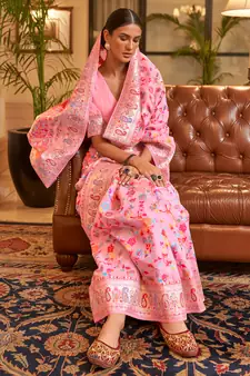 Kashmiri Pink Womens Handloom Cotton Banarasi Style Silk Saree With Blouse