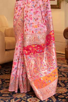 Kashmiri Pink Womens Handloom Cotton Banarasi Style Silk Saree With Blouse 4