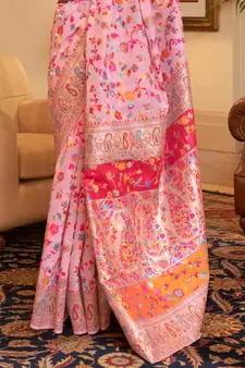 Kashmiri Pink Womens Handloom Cotton Banarasi Style Silk Saree With Blouse