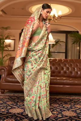 Kashmiri Pista Womens Handloom Cotton Banarasi Style Soft Silk Saree With Blouse Pices - Paithani-Saree 2
