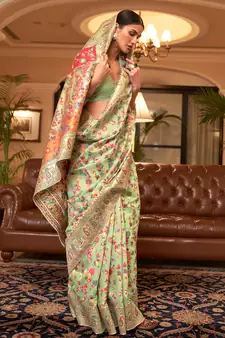 Kashmiri Pista Womens Handloom Cotton Banarasi Style Soft Silk Saree With Blouse Pices - Paithani-Saree