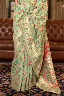 Kashmiri Pista Womens Handloom Cotton Banarasi Style Soft Silk Saree With Blouse Pices - Paithani-Saree