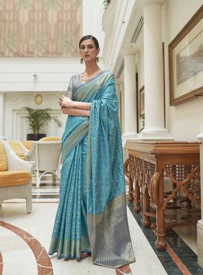 Turquoise Traditional Indian thread Weaving Patola Silk bland Saree With Boluse  2