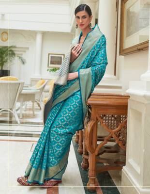 Turquoise Traditional Indian thread Weaving Patola Silk bland Saree With Boluse  3
