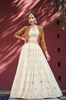 BEIGE SEQUINS EMBROIDERED CHIFFON FESTIVE & PARTY WEAR SEMI STITCHED LEHENGA & SHRUG