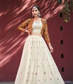 BEIGE SEQUINS EMBROIDERED CHIFFON FESTIVE & PARTY WEAR SEMI STITCHED LEHENGA & SHRUG