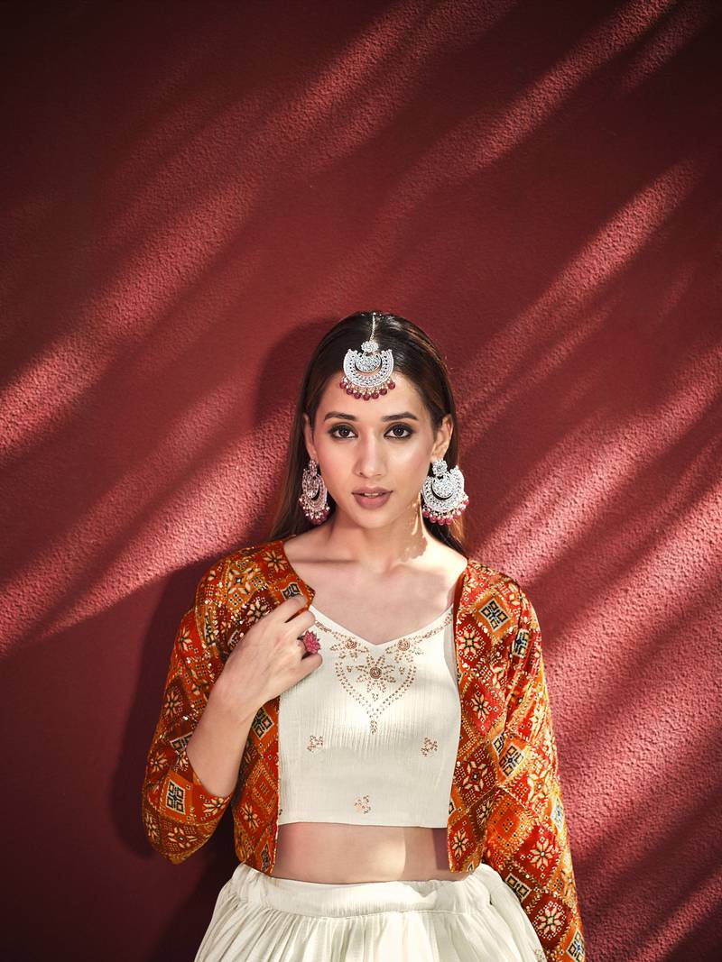BEIGE SEQUINS EMBROIDERED CHIFFON FESTIVE & PARTY WEAR SEMI STITCHED LEHENGA & SHRUG