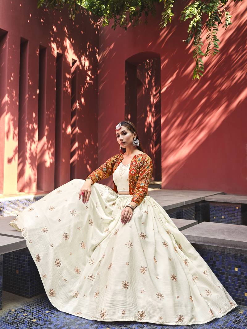 BEIGE SEQUINS EMBROIDERED CHIFFON FESTIVE & PARTY WEAR SEMI STITCHED LEHENGA & SHRUG