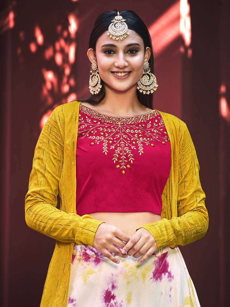 PINK THREAD AND SEQUINS EMBROIDERED COTTON FESTIVE & PARTY WEAR SEMI STITCHED LEHENGA & SHRUG