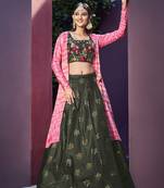 OLIVE GREEN THREAD AND SEQUINS EMBROIDERED ART SILK FESTIVE & PARTY WEAR SEMI STITCHED LEHENGA & SHRUG