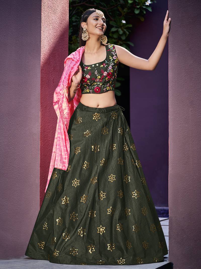 OLIVE GREEN THREAD AND SEQUINS EMBROIDERED ART SILK FESTIVE & PARTY WEAR SEMI STITCHED LEHENGA & SHRUG