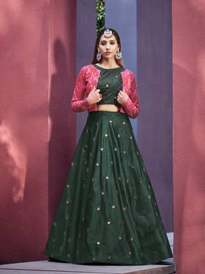 GREEN THREAD AND SEQUINS EMBROIDERED ART SILK FESTIVE & PARTY WEAR SEMI STITCHED LEHENGA & SHRUG 1