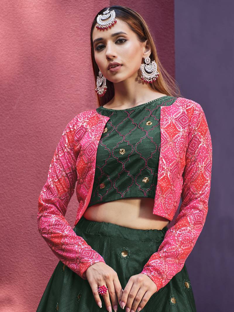 GREEN THREAD AND SEQUINS EMBROIDERED ART SILK FESTIVE & PARTY WEAR SEMI STITCHED LEHENGA & SHRUG