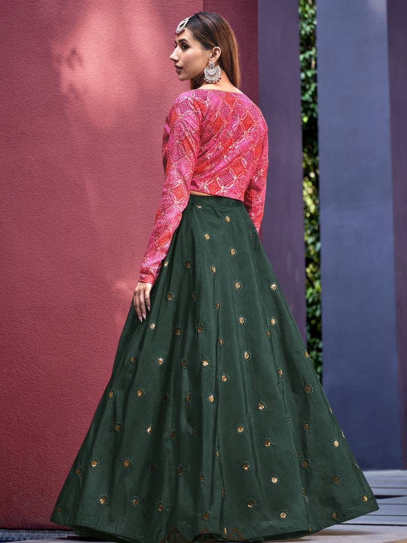 GREEN THREAD AND SEQUINS EMBROIDERED ART SILK FESTIVE & PARTY WEAR SEMI STITCHED LEHENGA & SHRUG