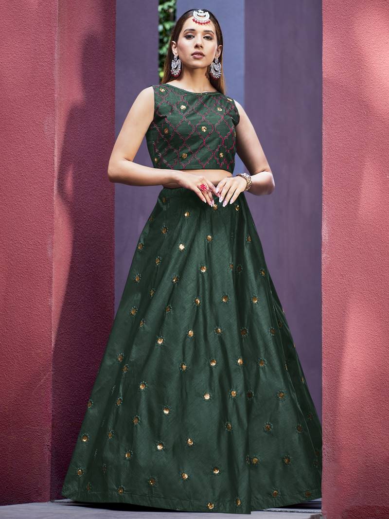 GREEN THREAD AND SEQUINS EMBROIDERED ART SILK FESTIVE & PARTY WEAR SEMI STITCHED LEHENGA & SHRUG