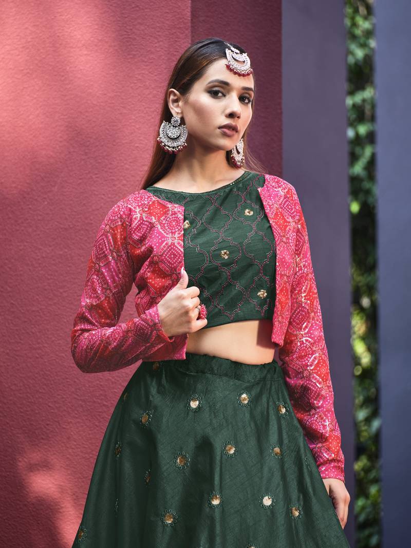 GREEN THREAD AND SEQUINS EMBROIDERED ART SILK FESTIVE & PARTY WEAR SEMI STITCHED LEHENGA & SHRUG