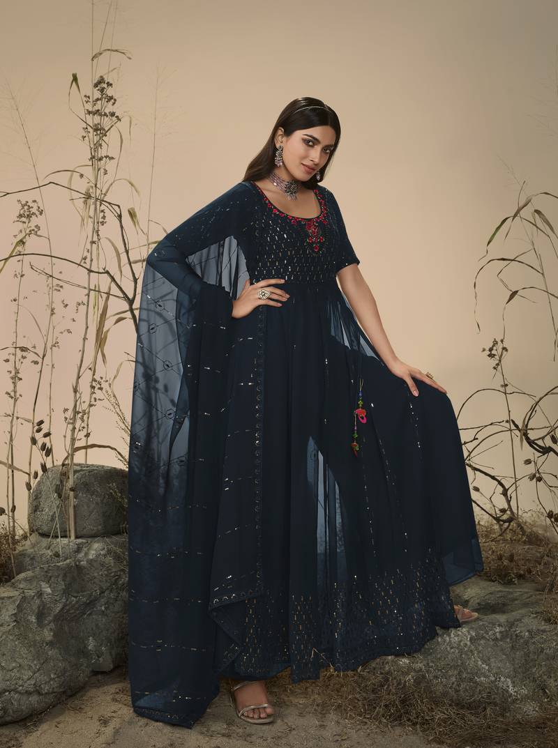 TEAL BLUE THREAD AND SEQUINCE EMBROIDERED WORK GEORGETTE ANARKALI LONG SALWAR SUIT DUPATTA GOWN SEMI STITCHED