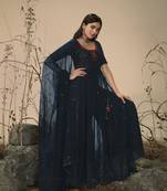 TEAL BLUE THREAD AND SEQUINCE EMBROIDERED WORK GEORGETTE ANARKALI LONG SALWAR SUIT DUPATTA GOWN SEMI STITCHED