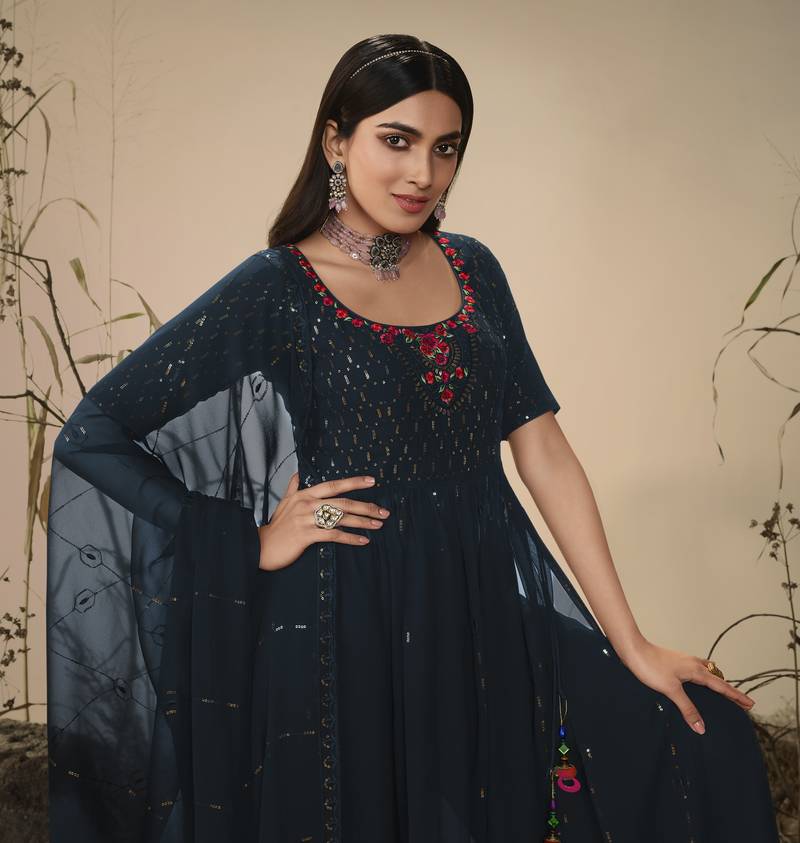 TEAL BLUE THREAD AND SEQUINCE EMBROIDERED WORK GEORGETTE ANARKALI LONG SALWAR SUIT DUPATTA GOWN SEMI STITCHED