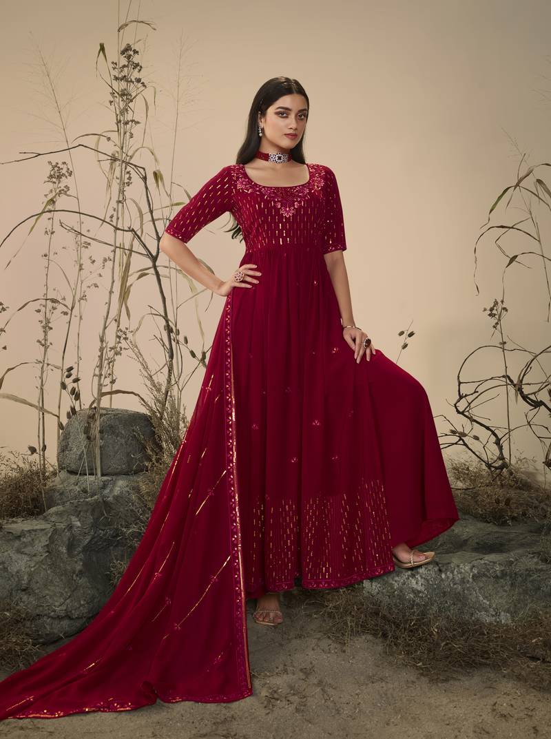 MAROON THREAD AND SEQUINCE EMBROIDERED WORK GEORGETTE ANARKALI LONG SALWAR SUIT DUPATTA GOWN SEMI STITCHED