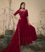 MAROON THREAD AND SEQUINCE EMBROIDERED WORK GEORGETTE ANARKALI LONG SALWAR SUIT DUPATTA GOWN SEMI STITCHED