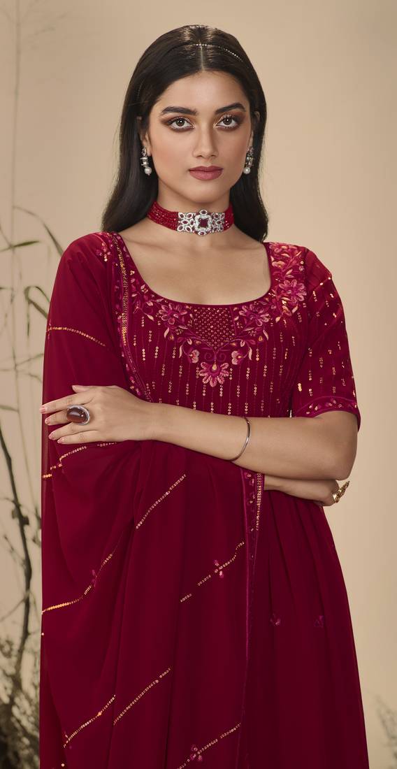 MAROON THREAD AND SEQUINCE EMBROIDERED WORK GEORGETTE ANARKALI LONG SALWAR SUIT DUPATTA GOWN SEMI STITCHED
