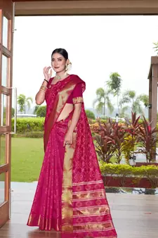 Pink Woven Art Silk Saree With Blouse