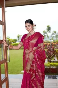 Pink Woven Art Silk Saree With Blouse