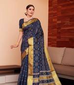 Navy Blue Woven Art Silk Saree With Blouse