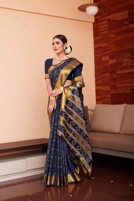 Navy Blue Woven Art Silk Saree With Blouse 2