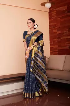 Navy Blue Woven Art Silk Saree With Blouse