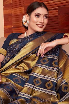 Navy Blue Woven Art Silk Saree With Blouse 4
