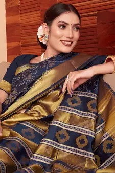 Navy Blue Woven Art Silk Saree With Blouse