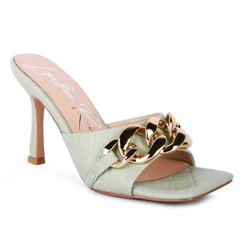 Mint Quilted High Heeled Slide Sandals 1