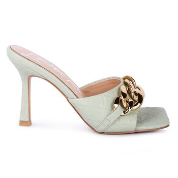 Mint Quilted High Heeled Slide Sandals 2