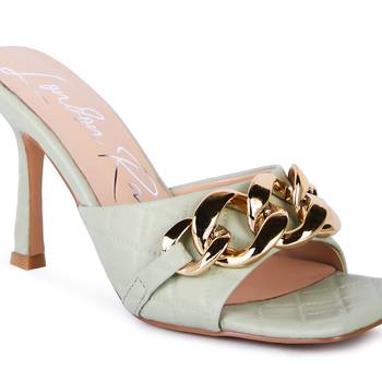 Mint Quilted High Heeled Slide Sandals 4