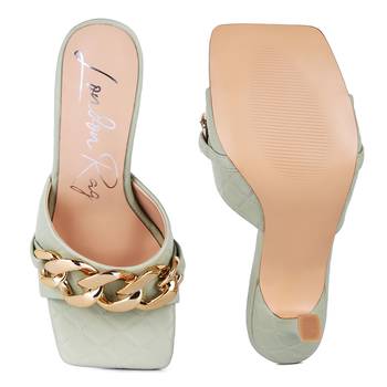 Mint Quilted High Heeled Slide Sandals 5