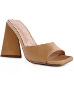 Beige Triangular Block Heel Sandals