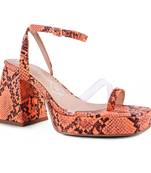 Orange Snake Pattern Block Heeled Sandals