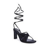 Black Ruched Satin Tie Up Block Heeled Sandals