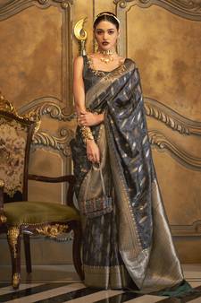 Dark Grey Woven Silk Blend Saree With Blouse