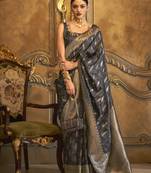 Dark Grey Woven Silk Blend Saree With Blouse