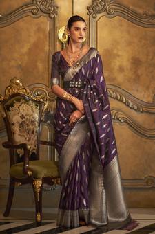 Wine Woven Silk Blend Saree With Blouse